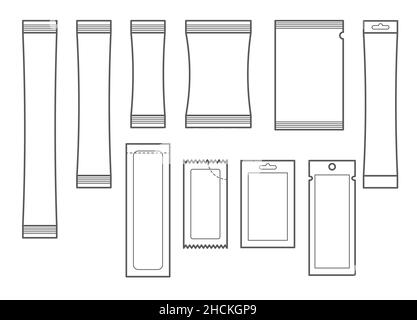 Satz von Sachet-Symbolen. Verpackungsschablone für Zucker, Pfeffer, Weichei, Medizin, Gewebe und Lebensmittel. Vektor Stock Vektor