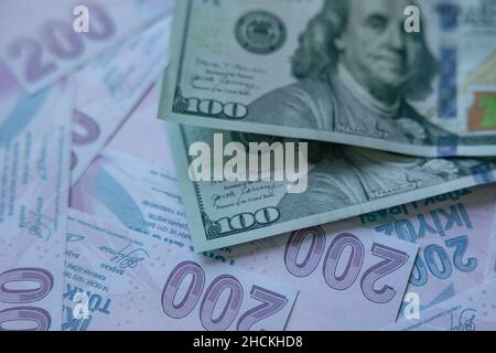 Wirtschaftskrise in der Türkei. Abwertung der türkischen Lira gegen US-Dollar-Hintergrundfoto. Stockfoto