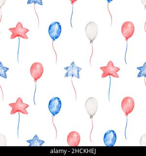 Rote und blaue Luftballons nahtloses Muster, Aquarell von Hand gezeichnet Niedliches Sternpapier, Kinder Party Papier Stockfoto