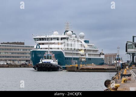 Swan Hellenic's neues Expeditionskreuzfahrtschiff SH Minerva, das nach Probefahrten zurück zur Helsinki Shipyard kommt. Stockfoto