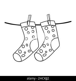 Socken auf Wäscheklammer Symbol isoliert auf weißem Hintergrund.Socken hängen auf Wäscheleine.Einfache Linie Wäsche trocknen Zeichen, Kontur Symbol.Vektor-Illustration Stock Vektor