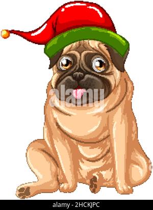 Französische Bulldogge trägt Weihnachtsmütze Illustration Stock Vektor