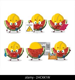 Professionelle Lineman Wassermelone Gummy Süßigkeiten Cartoon-Figur mit Werkzeugen. Vektorgrafik Stock Vektor