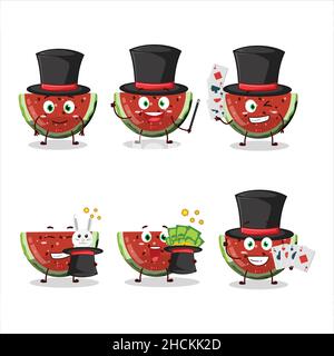 Eine Wassermelone Gummy Candy Magier Zeichentrickfigur führen auf einer Bühne. Vektorgrafik Stock Vektor