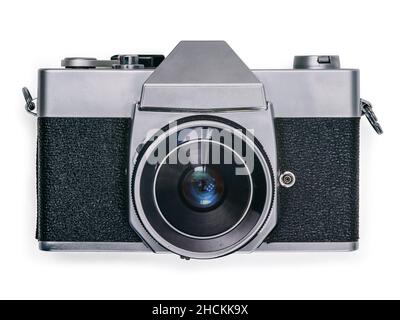 Antike 35mm SLR Filmkamera isoliert auf weißem Hintergrund. Stockfoto