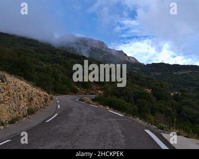 Blick auf kurvige Bergstraße D2 im Massif de la Sainte-Baume in der Provence, Frankreich an bewölktem Tag im Herbst, umgeben von Wald. Stockfoto