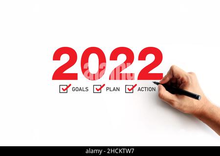 Business Improvement and Change Management. Businessman zieht eine Grenze zwischen dem alten Weg 2021 und dem neuen Weg des Jahres 2022. Platz für Text Stockfoto