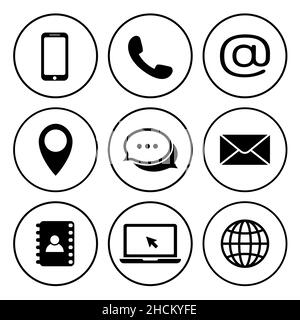 Kontaktieren Sie uns Symbole im Kreis. Sammlung von Kommunikationssymbolen. Symbole für Kontakt, E-Mail, Mobiltelefon, Nachrichten. Telefon, Mobiltelefon, Nachricht, Standort Stock Vektor