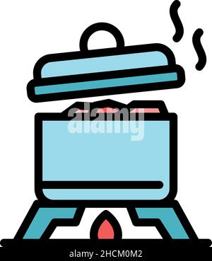 Symbol für kochenden Kochtopf. Umriss kochendes Kochtopf Vektor Symbol Farbe flach isoliert Stock Vektor