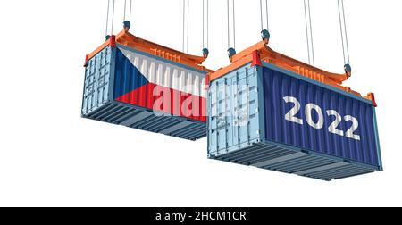 Handel 2022. Frachtcontainer mit Nationalflagge der Tschechischen Republik. Isoliert auf Weiß. 3D Rendering Stockfoto