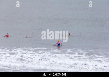 Sao Paulo, Sao Paulo, Brasilien. 28th Dez 2021. Schwimmer trotzen den eisigen Gewässern der Irischen See an einem kühlen 9Â-Wintertag am Currasloe Beach in der Grafschaft Wexford, Irland, am Dienstag, den 28. (Bild: © Paulo Lopes/ZUMA Press Wire) Stockfoto