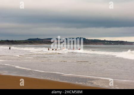 Sao Paulo, Sao Paulo, Brasilien. 28th Dez 2021. Schwimmer trotzen den eisigen Gewässern der Irischen See an einem kühlen 9Â-Wintertag am Currasloe Beach in der Grafschaft Wexford, Irland, am Dienstag, den 28. (Bild: © Paulo Lopes/ZUMA Press Wire) Stockfoto