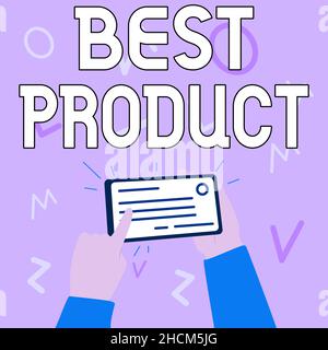 Textschild mit der Anzeige „Bestes Produkt“. Internet-Konzept ein gewisses gut, das unter seiner Vielfalt sehr geschätzt wird Illustration der Hand Holding wichtig Stockfoto