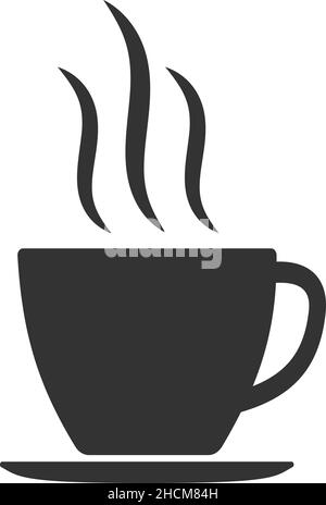 Einfaches, flaches, schwarzes Symbol für dampfende Kaffee- oder Teetassen, Vektorgrafik Stock Vektor