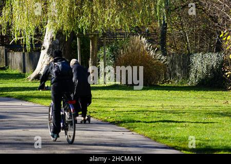 Eine ältere Dame in einem schwarzen Mantel geht auf einem Bürgersteig in einem Park und lehnt sich auf ihren Spaziergänger. Ein Radfahrer fährt an ihr vorbei. Stockfoto