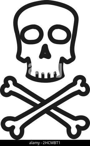 Handgezeichneter Schädel mit Knochen-Symbol im Doodle-Stil isoliert Stock Vektor