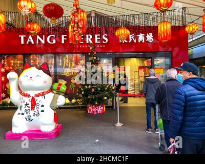 Paris, Frankreich, Leute, die vor der Tür Schlange stehen Einkaufen im chinesischen Supermarkt 'Tang Freres' in Chinatown, Dekoration, Schaufenster, Exterieur Stockfoto