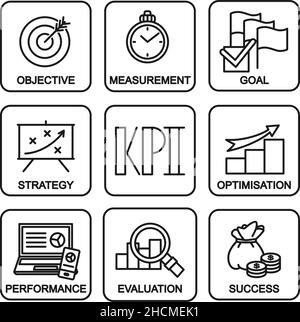 Poster zu den kpi-Kennzahlenkennzahlen in Schwarz-Weiß-Linienkunst. Vektorgrafik für Icon, Broschüre, Website oder Anwendungsdekor. Stock Vektor
