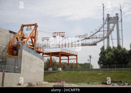 Braila, Rumänien - 26. August 2021: Die Baustelle der Braila-Brücke, eine Brücke über die Donau zwischen Braila und dem gegenüberliegenden Ufer der riv Stockfoto