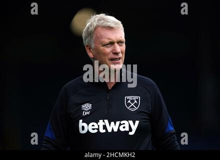 Datei-Foto vom 25-09-2021 von West Ham United Manager David Moyes, der seinen Stolz auf die Wende in West Ham zum Ausdruck gebracht hat, als er zwei Jahre seit seiner Rückkehr in den Club feierte. Ausgabedatum: Donnerstag, 30. Dezember 2021. Stockfoto