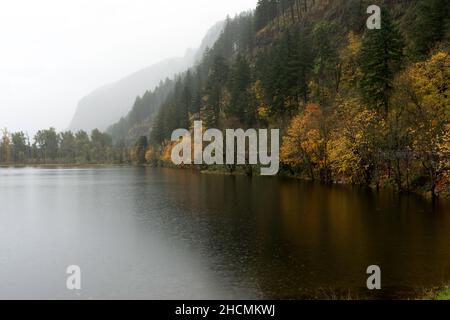 Dies ist der Benson Lake in der Columbia Gorge. Es wurde während eines Regensturms im Herbst genommen. Stockfoto