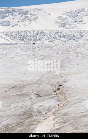 Auf dem riesigen Columbia Icefield und Athabasca Glacier am südlichen Rand des Jasper National Park in Alberta, Kanada, erscheinen Touristen winzig. Das Columbia Icefield ist das größte Eisfeld in den Rocky Mountains. Stockfoto