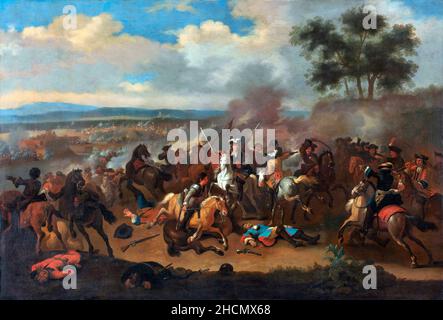 The Battle of the Boyne, Ireland, between Kings James II and William III, 12 July 1690 von Jan van Huchtenburg (1647-1733), dem niederländischen Künstler des Goldenen Zeitalters, Öl auf Leinwand Stockfoto