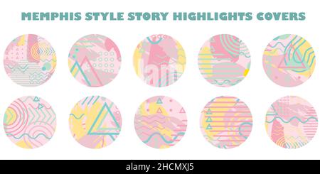 Vector Memphis Design Stil Social Media Geschichte Highlight deckt. Lustige handgezeichnete Symbole mit handgezeichneten Pinselstrichen, Dreiecken, Wellen, Zickzack Stock Vektor