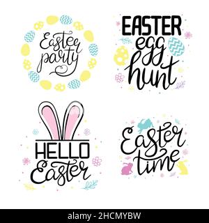 Set Ostern Gruß Autos mit Frühlingsblumen und Kalligraphie Text. Handgezeichnete Vektorgrafik. Stock Vektor