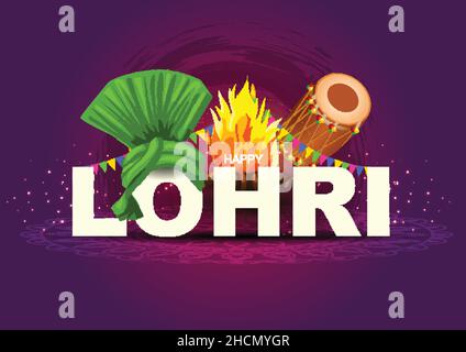 Indian Punjabi Festival der lohri Feier Feuer Hintergrund mit dekorierten Trommel und Lagerfeuer. vektor-Illustration Design. Stock Vektor