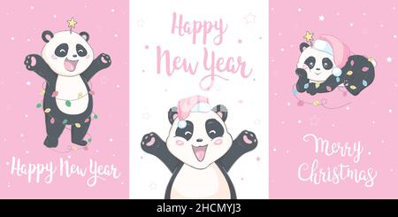 Cartoon Panda. Niedlicher Pandabär, glückliche Babytiere, faule lustige chinesische Bären, die posieren. Freundliches Maskottchen, Zeichen gesetzt Stock Vektor