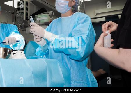 Eine große Spritze in den Händen eines Chirurgen während einer Operation. Selektiver Fokus. Die Hände des Arztes in sterilen Handschuhen halten eine Spritze. Ein Arzt in einer OP-Uniform bereitet sich auf die Injektion eines Patienten vor. Stockfoto