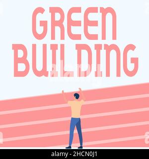 Konzeptionelle Darstellung Green Building. Wort für Eine Struktur, die umweltfreundlich ist nachhaltiger Athletic man steht auf der Strecke Feldheben Stockfoto