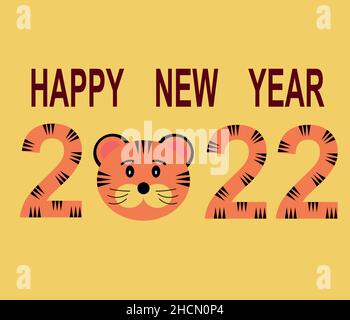 Postkarte Frohes neues Jahr und Zahlen 2020 und die Schnauze eines Tigers auf gelbem Hintergrund. Neujahr des Tigers, Vektorbild Stock Vektor