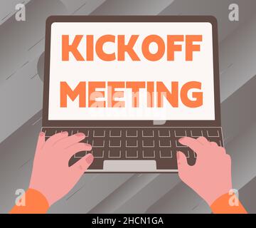 Schreiben mit Text Kickoff Meeting. Geschäftsidee Spezielle Diskussion über die rechtlichen Aspekte des Projekts Illustration einer vielbeschäftigten Hand Stockfoto