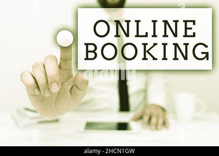 Textschild mit Online-Buchung. Wort für Reservierung über das Internet Hotelunterkunft Flugticket präsentiert Kommunikationstechnik Stockfoto