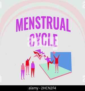 Inspiration zeigt Zeichen Menstruationszyklus. Geschäftsidee monatlicher Zyklus von Veränderungen in den Eierstöcken und Uterusschleimhaut Illustration des Paares auf der Bühne Stockfoto