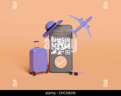 Handy mit covid QR-Zertifikat auf dem Bildschirm und Reisezubehör rund um. Konzept der Freiheit, Pandemie, Virus und Impfung. 3D Rendern Stockfoto