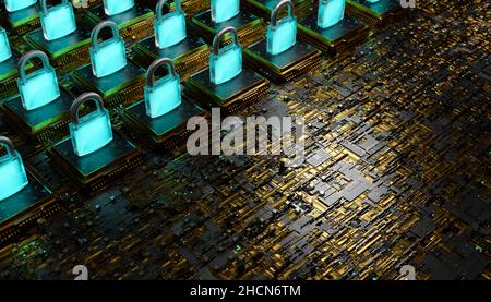Elektronikboard mit Mikrochips und leuchtenden Vorhängeschlössern auf der Oberseite. Blockchain-Konzept, Sicherheit, Hacking, Technologie, Krypto und nft. 3D Rendern Stockfoto