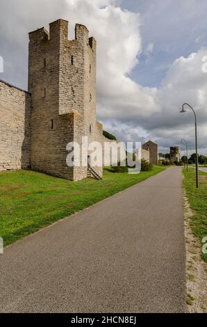 Außenansicht der mittelalterlichen Visby Stadtmauer in Gotland, Schweden mit einem Turm mit Zierstein. Stockfoto