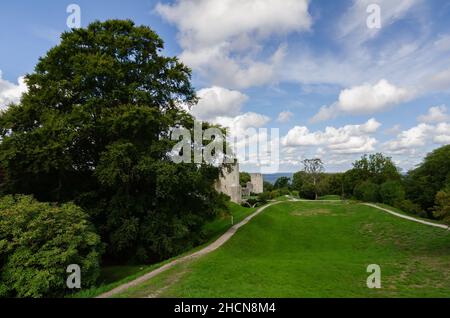 Blick auf einen Abschnitt der Stadtmauer von Visby mit zwei mittelalterlichen Türmen, Langa Lisa und Saint George Gateway, in Gotland, Schweden Stockfoto