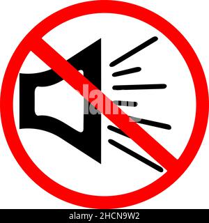 Lautsprecher, Megaphon, Geräusch, Musik, Ton verboten, Megafon-Ton gibt einen Warnhinweis an, der nicht zulässig ist. Schwarzes Megaphon in rotem Straßenschild-Symbol Stock Vektor