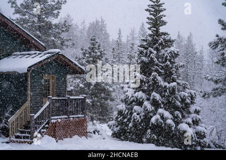 Haus im fallenden Schnee. Oregon, Ashland, Winter Stockfoto