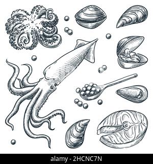 Frische Meeresfrüchte. Handgezeichnete Vektorskizze. Tintenfisch, Tintenfisch, Muscheln, Austern, Rote Kaviar-Symbole auf weißem Hintergrund isoliert. Meer Stock Vektor