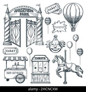 Freizeitpark Design Elements Kollektion. Vektorgrafik mit handgezeichneter Skizze. Eingangstore, Ticketschalter, Karussell-Element, Eiswagen Stock Vektor