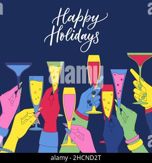 Bunte Menschenhänden halten Trinkgläser mit Wein, Champagner und Cocktails. Vektor flache Cartoon-Illustration. Männer und Frauen jubeln und feiern Stock Vektor