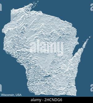 Topographische technische Zeichnungskarte des Bundesstaates Wisconsin, USA mit weißen Konturlinien auf blauem Hintergrund Stock Vektor