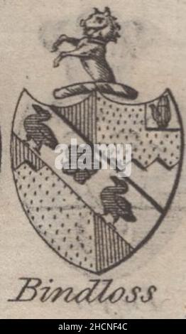 Antike Gravur aus dem 18th. Jahrhundert Wappen, englisches Baronet von Bindloss von Woodman & Mutlow fc russel Co um 1780s Quelle: Originalgravuren aus dem jährlichen Almanachbuch. Stockfoto