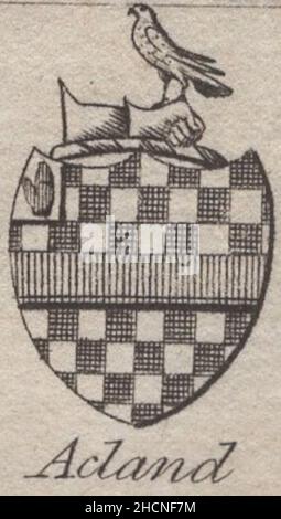 Antiker 18th-Jahrhundert-Stich heraldisches Wappen, englisches Baronet Acland von Woodman & Mutlow fc russel Co um 1780s Quelle: Originalgravuren aus dem jährlichen Almanachbuch. Stockfoto