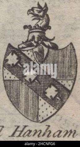 Antiker 18th-Jahrhundert-Stich heraldisches Wappen, englisch Baronet Hanham von Woodman & Mutlow fc russel Co um 1780s Quelle: Originalgravuren aus dem jährlichen Almanachbuch. Stockfoto